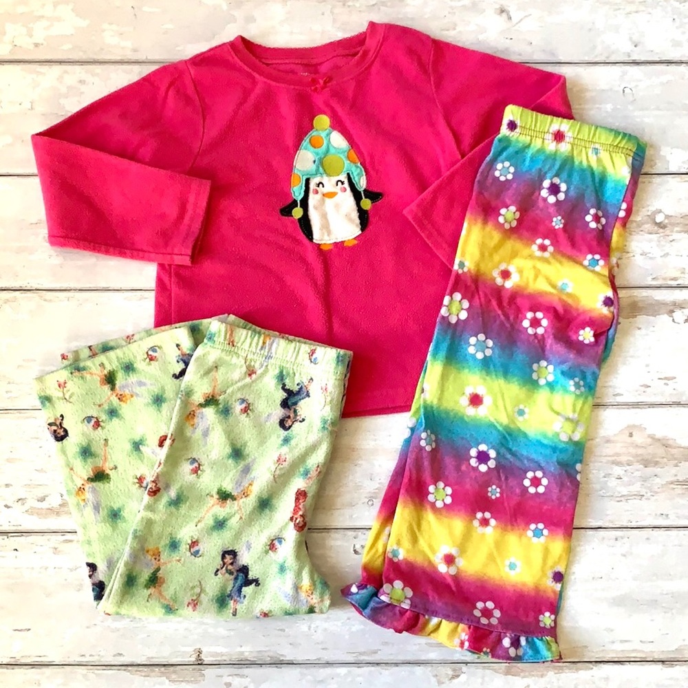 Girls 4T Mix & Match Pajamas Bundle 3pcs Pink Green Pjs Pants Shirt Size 4
